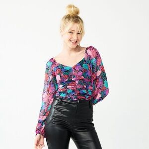 SO Botanical Floral Garden Ruched Crop Semi Sheer Top Womens SZ M Coquette Twee